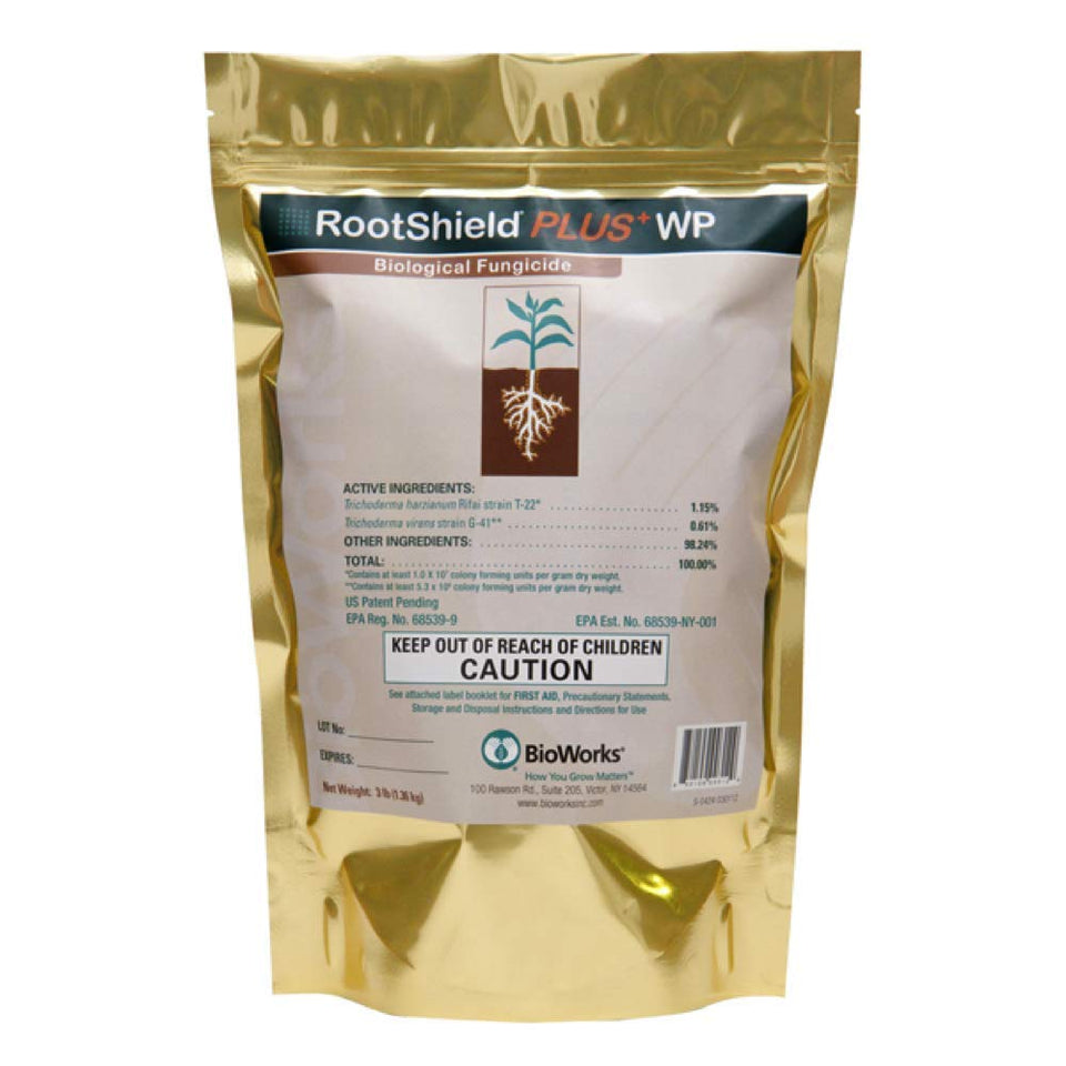 BioWorks RootShield Plus WP bottle helps stronger roots and soil disease protection for crops.