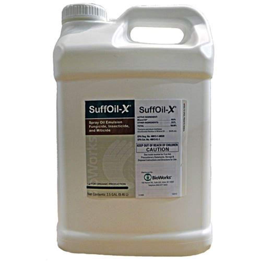 BioWorks Suffoil-X 2.5-gallon jug for oil-based pest control, OMRI-listed for organic farming.