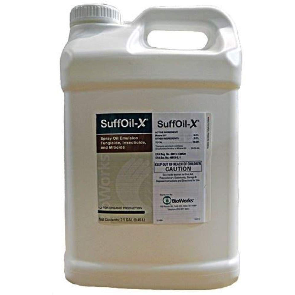 BioWorks Suffoil-X 2.5-gallon jug for oil-based pest control, OMRI-listed for organic farming.
