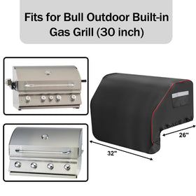 BIQetrae cover with adjustable hem strap securing a Bull built-in grill outdoors