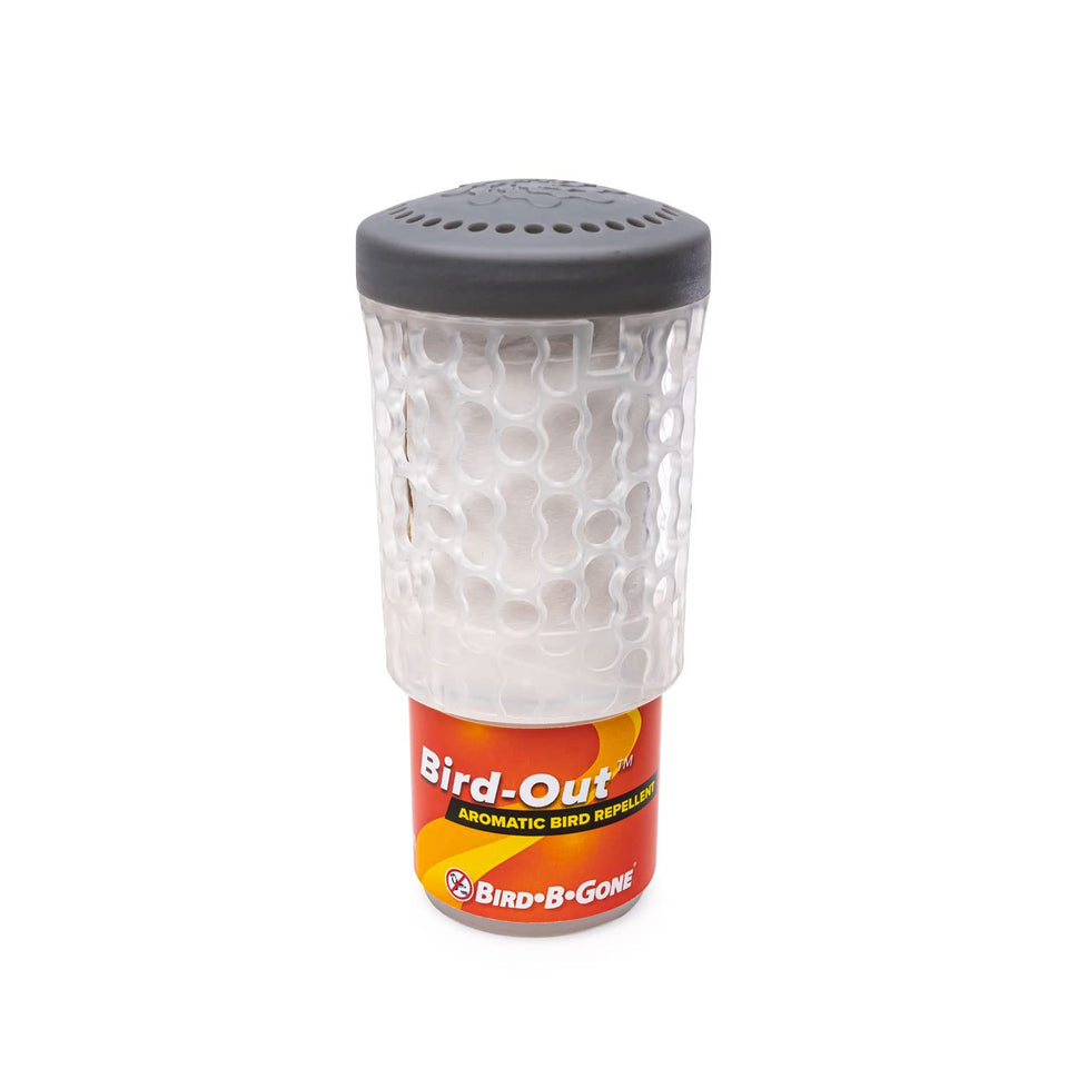 Bird B Gone Bird-Out Aromatic Refill Cartridge deters birds with a grape scent for 60 days.