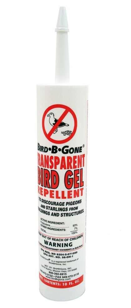 Bird B Gone MMTBG transparent bird gel in a 10-ounce tube applied on exterior ledge deterring birds