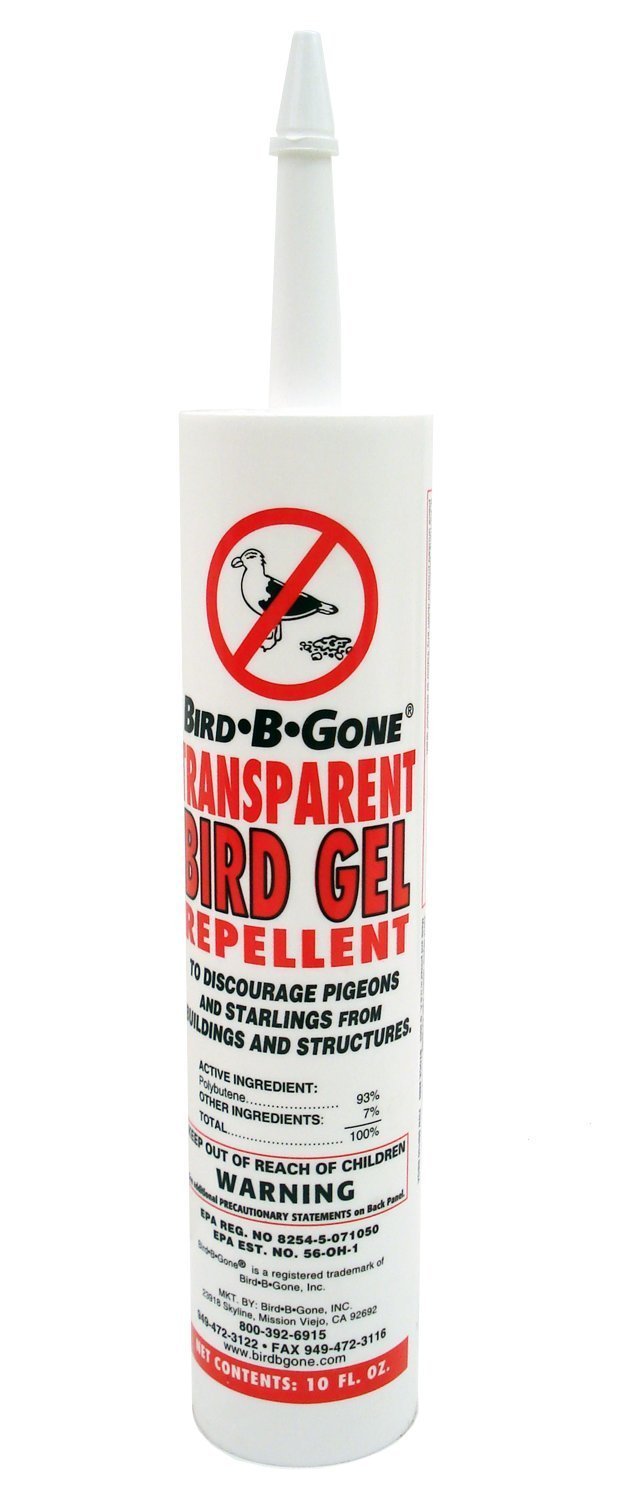 Bird B Gone MMTBG transparent bird gel in a 10-ounce tube applied on exterior ledge deterring birds