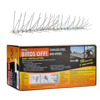 Bird-X stainless steel bird spikes provide durable 6-inch-wide protection for small birds.