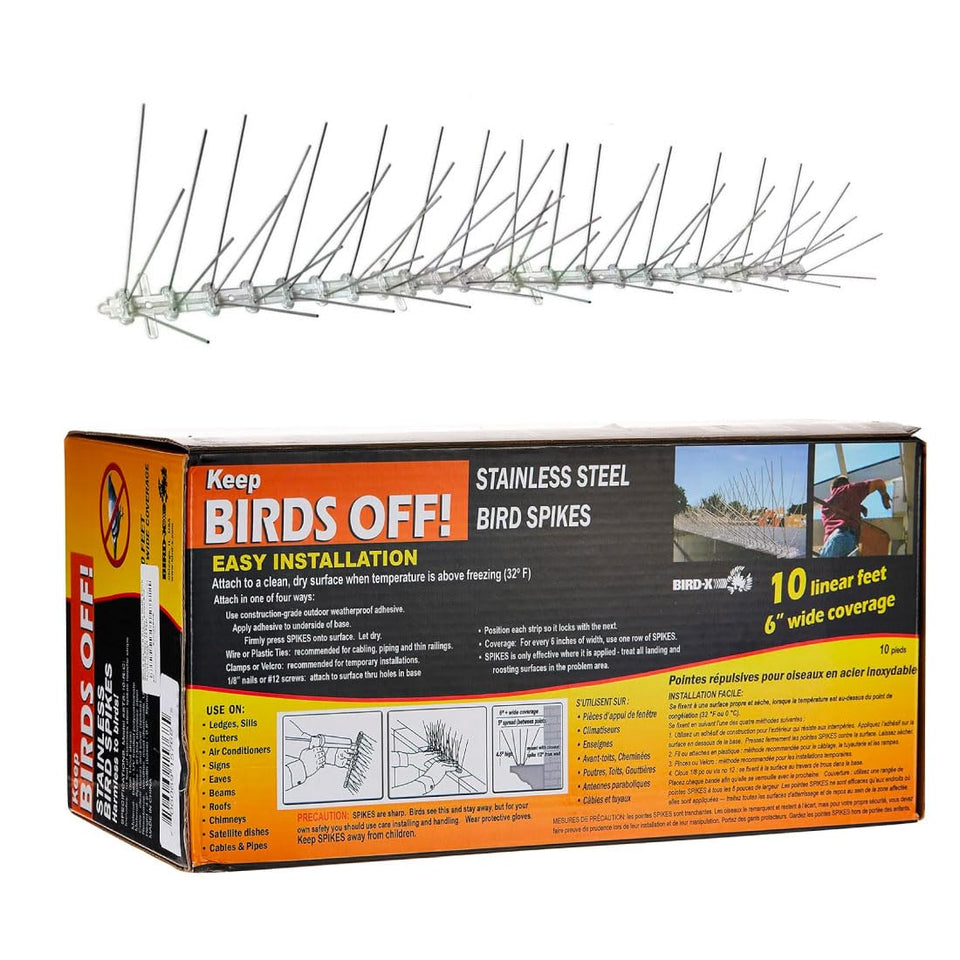 Bird-X stainless steel bird spikes provide durable 6-inch-wide protection for small birds.