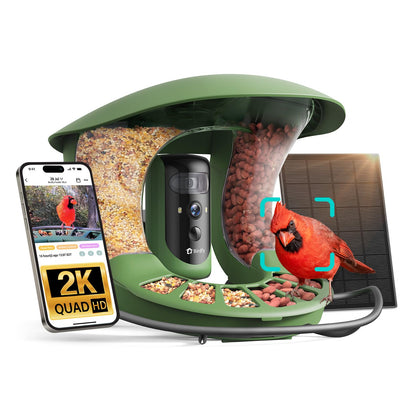 Birdfy 2 front view with dual-lens camera for cinematic backyard birdwatching.