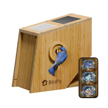 Birdfy Smart Bird House front view for real-time nesting updates with 1080p clarity