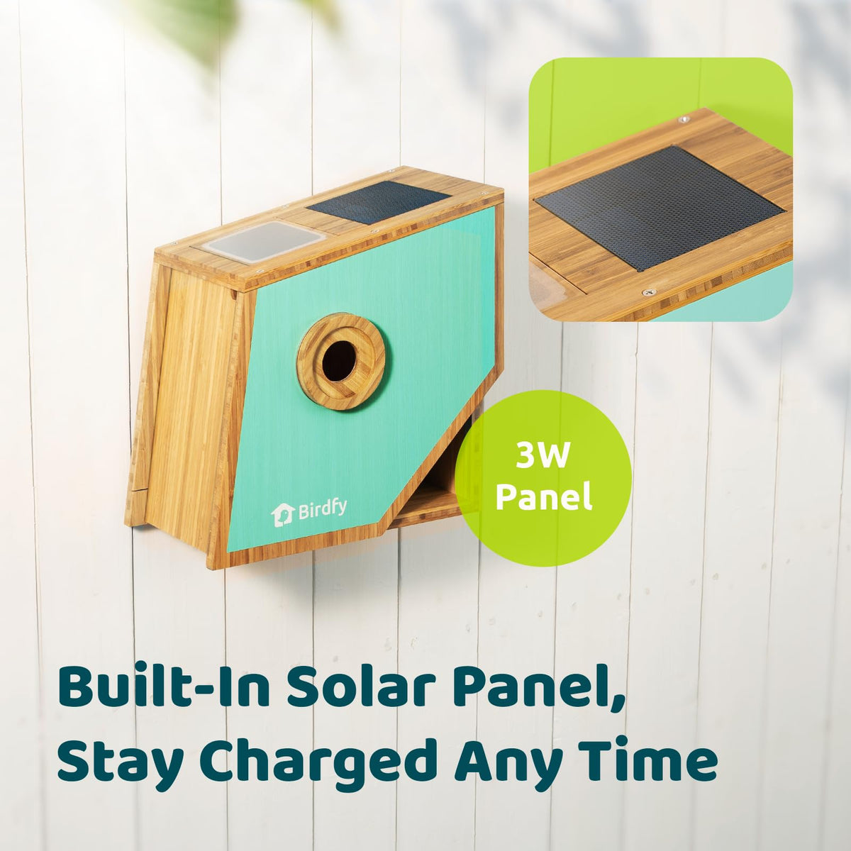 Birdfy solar panel powers the 5200mAh battery for extended monitoring.
