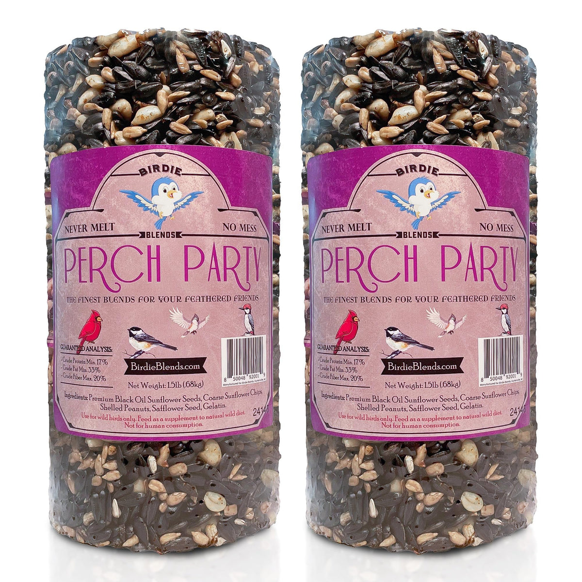 Birdie Blends Perch Party seed cylinder hanging attracts multiple bird species.