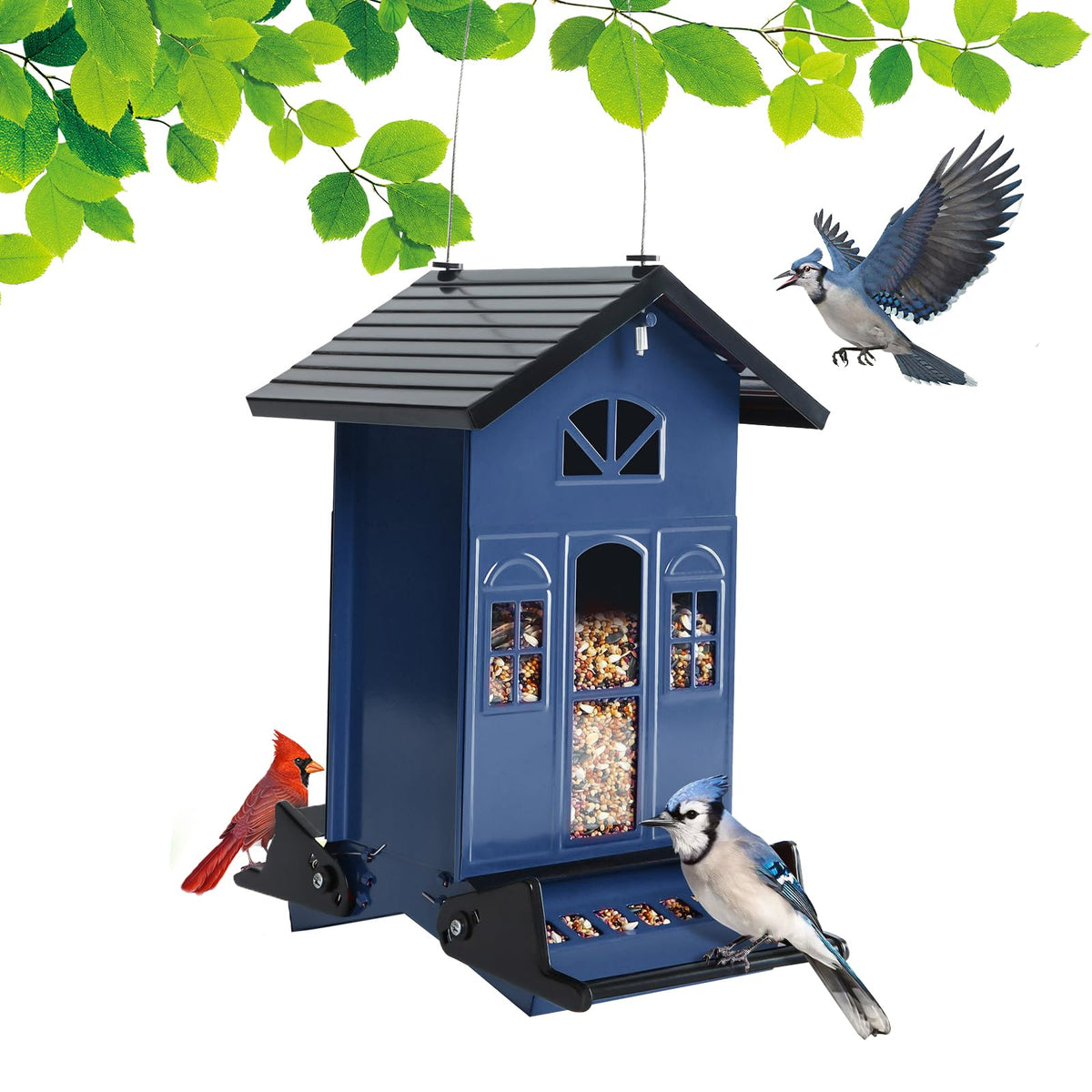 Birdkiss Country House Feeder front view shows durable all-metal build for outdoors.