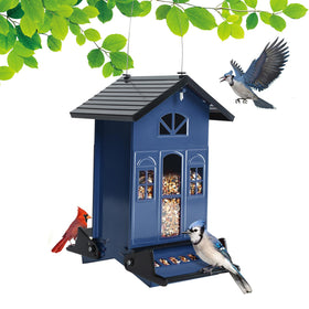 Birdkiss Country House Feeder front view shows durable all-metal build for outdoors.
