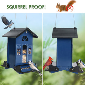 Birdkiss Country House Feeder side view highlights metal frame and hanging rope.