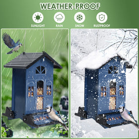 Birdkiss Weatherproof metal feeder on hanging rope for outdoor use.