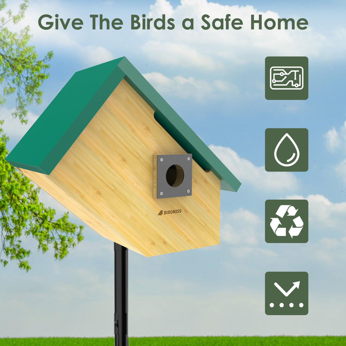 Birdkiss Smart Bird House green finish complements outdoor spaces and makes a nice gift.