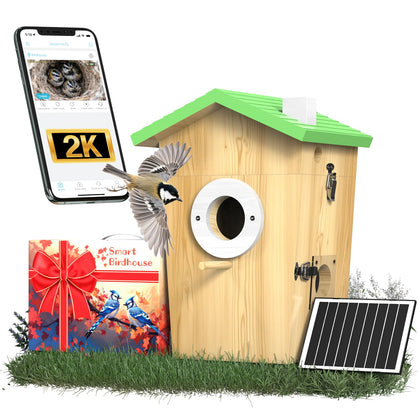 BirdoorKam bird house front view shows a camera-ready enclosure for backyard viewing.