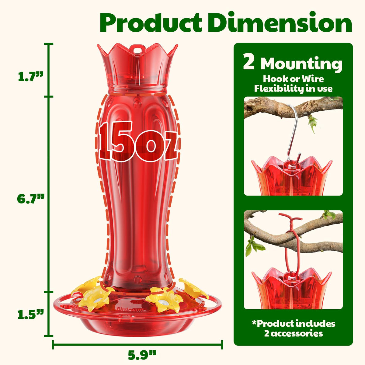 Birdream 15oz capacity with leak-proof seal supports longer viewing