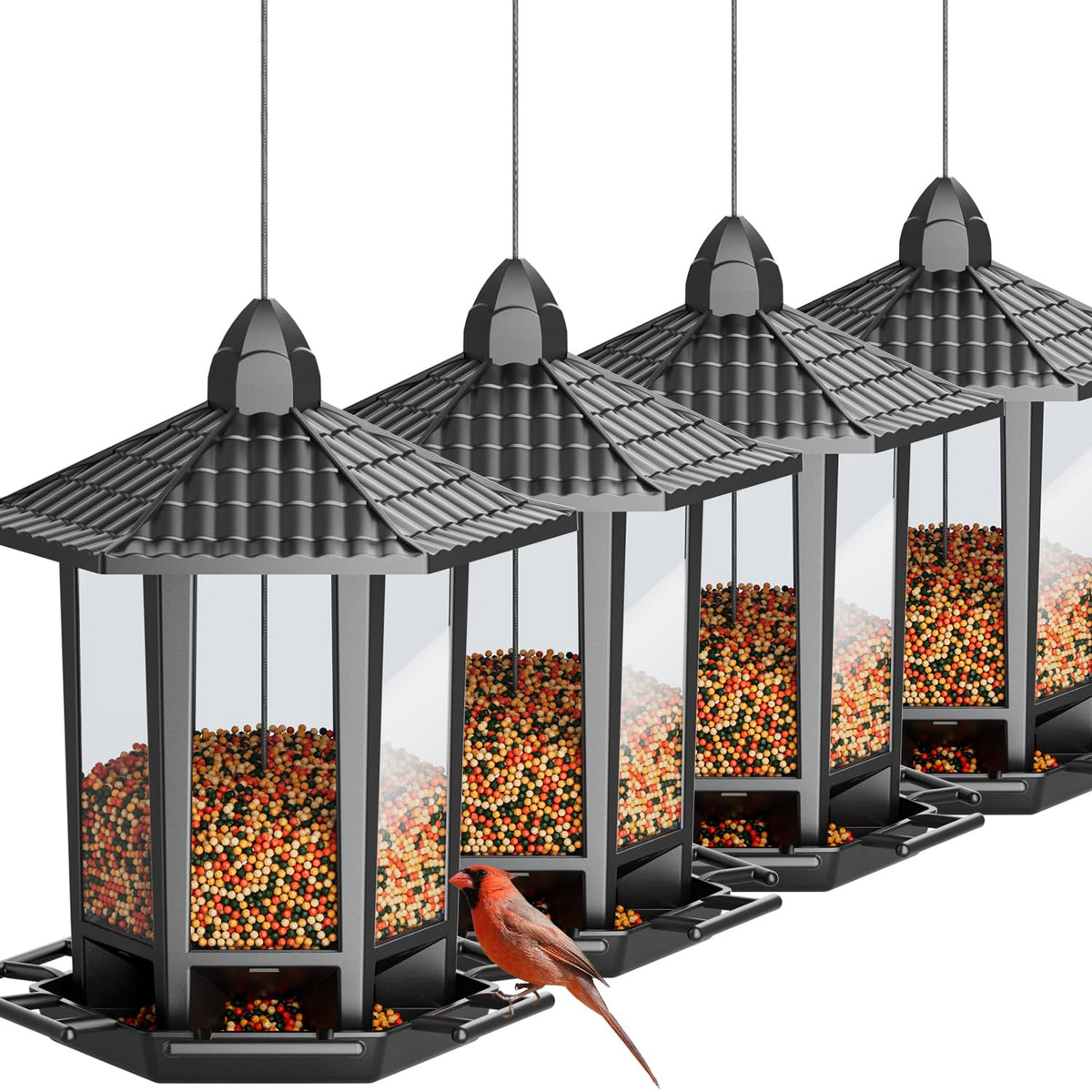 Birdream 4-pack pagoda-style bird feeders hanging outdoors for family viewing