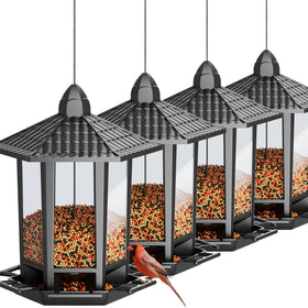 Birdream 4-pack pagoda-style bird feeders hanging outdoors for family viewing