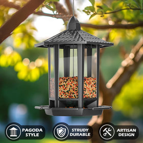 Birdream feeder attracting cardinals, goldfinches, chickadees, and sparrows in the garden