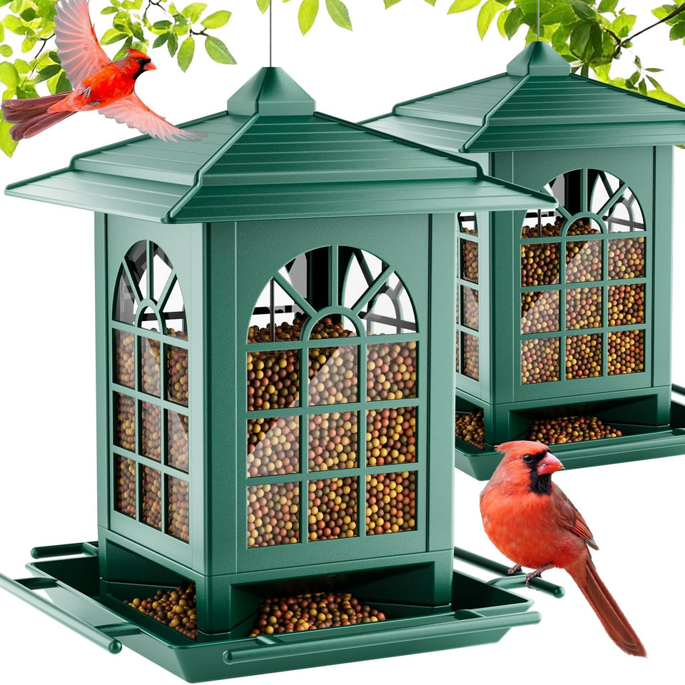Birdream courtyard-style feeder in green, ready for quick assembly in your backyard.