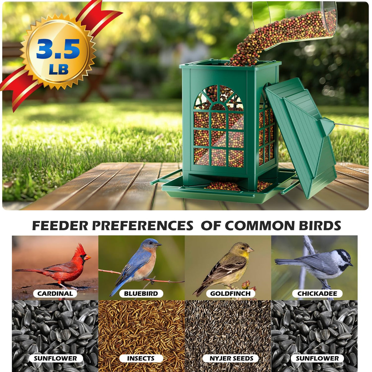 Birdream bird feeder with clear panels showing seed levels for tidy refills.