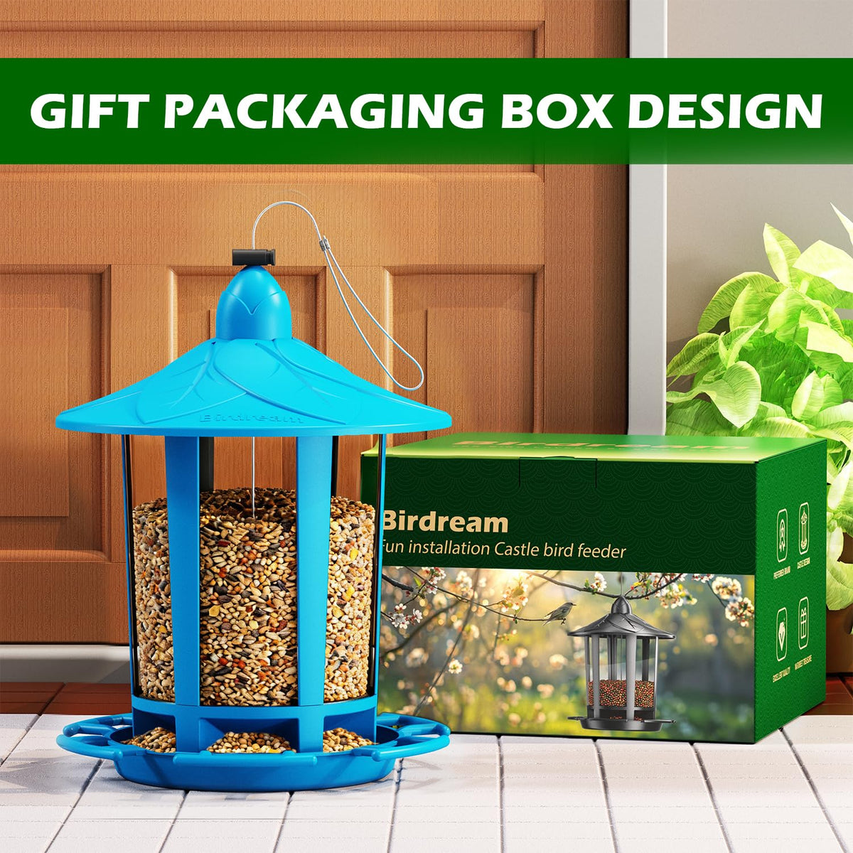 Birdream castle feeder top view highlights spacious seed chamber capacity