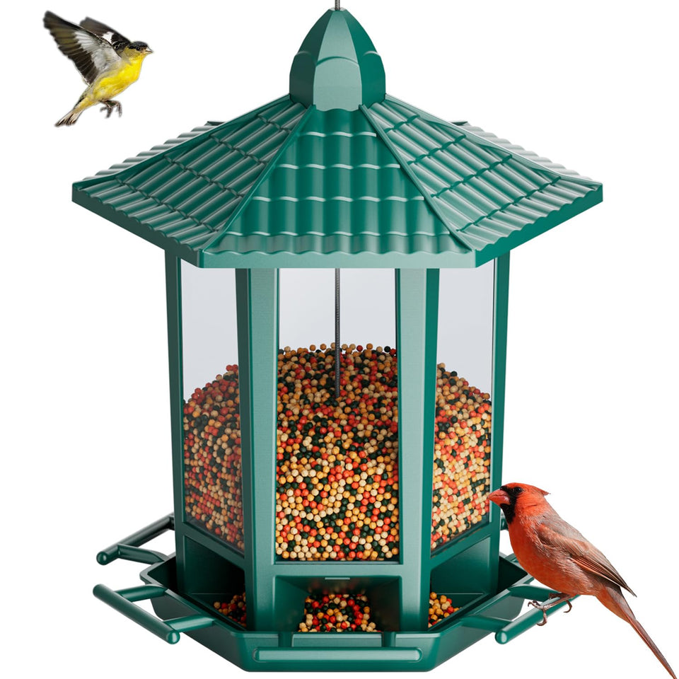 Birdream Pagoda Bird Feeder with 2.5 lb capacity ready for backyard viewing.