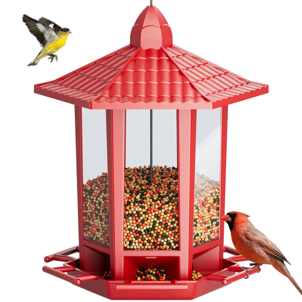 Birdream pagoda-style bird feeder hanging outdoors attracts sparrows.