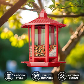 Birdream pagoda feeder shows birds in action on your patio.
