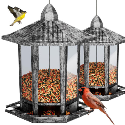 Birdream two-pack pagoda feeders on a porch attract lively backyard birds