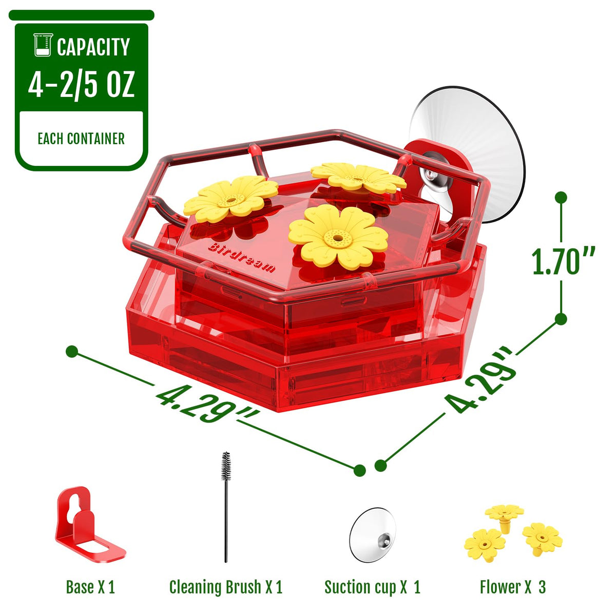 Three flower ports on Birdream feeder reduce bee access while hummingbirds feed