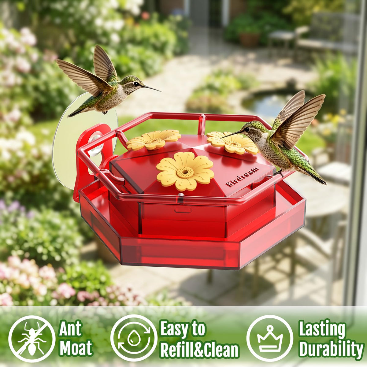 Bright red design and ample perch invite closer hummingbird viewing