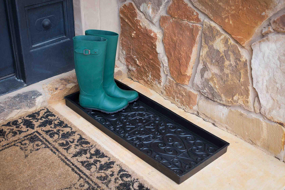 BIRDROCK HOME decorative boot tray blends with interiors while protecting floors.