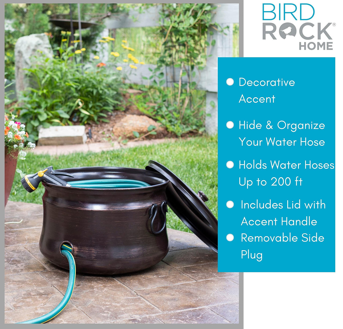 BIRDROCK HOME decorative metal pot adds curb appeal while concealing a long hose.