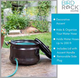BIRDROCK HOME decorative metal pot adds curb appeal while concealing a long hose.