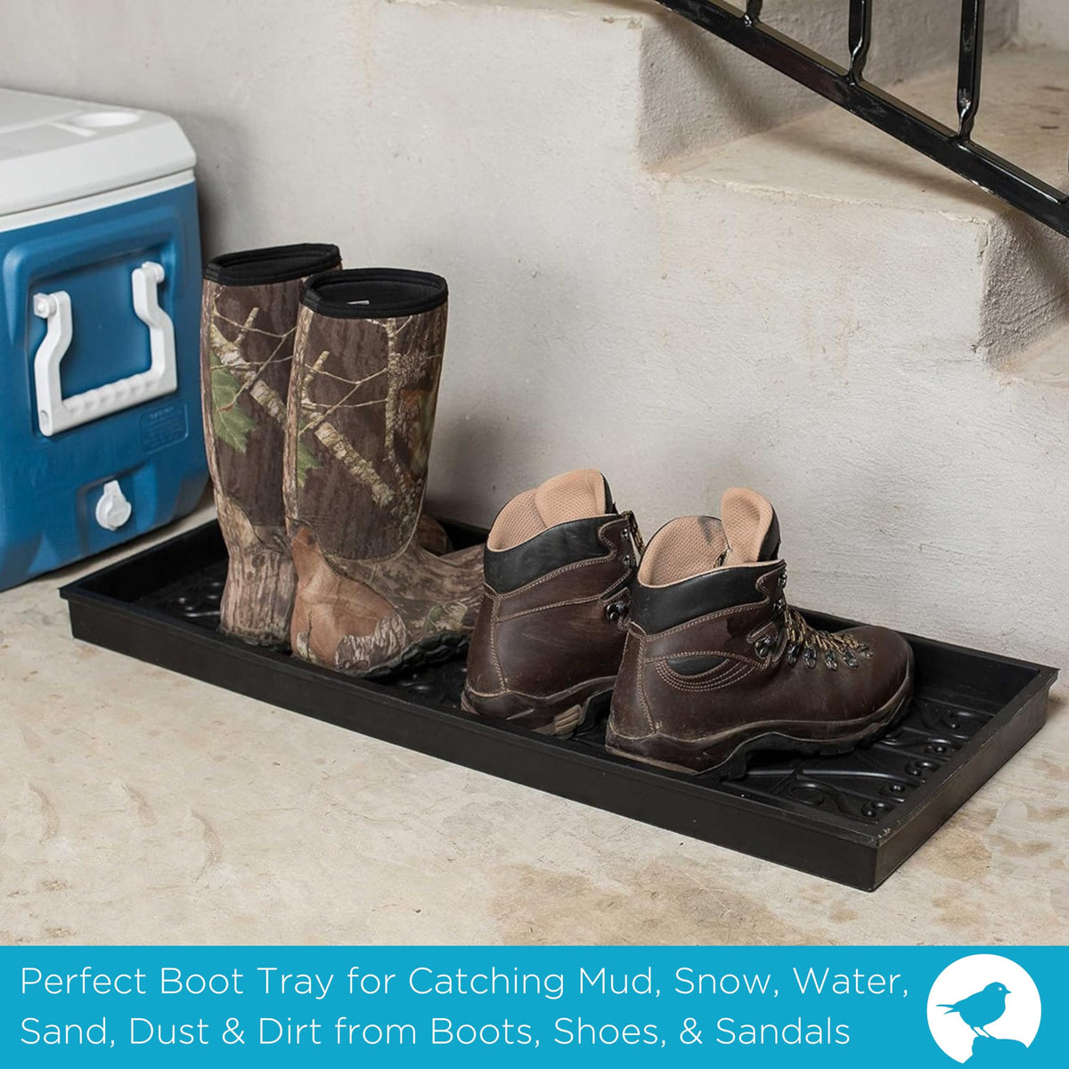 BIRDROCK HOME dog bowl tray doubles as a pet water mat to minimize spills.