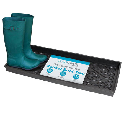 BIRDROCK HOME rubber boot tray with 34-inch footprint captures water and dirt near entryways.
