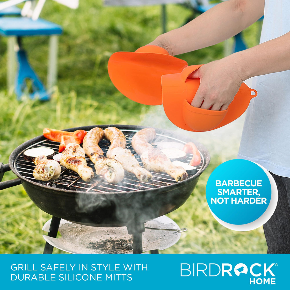 Two-pack BIRDROCK HOME grill mitts hanging on storage loop
