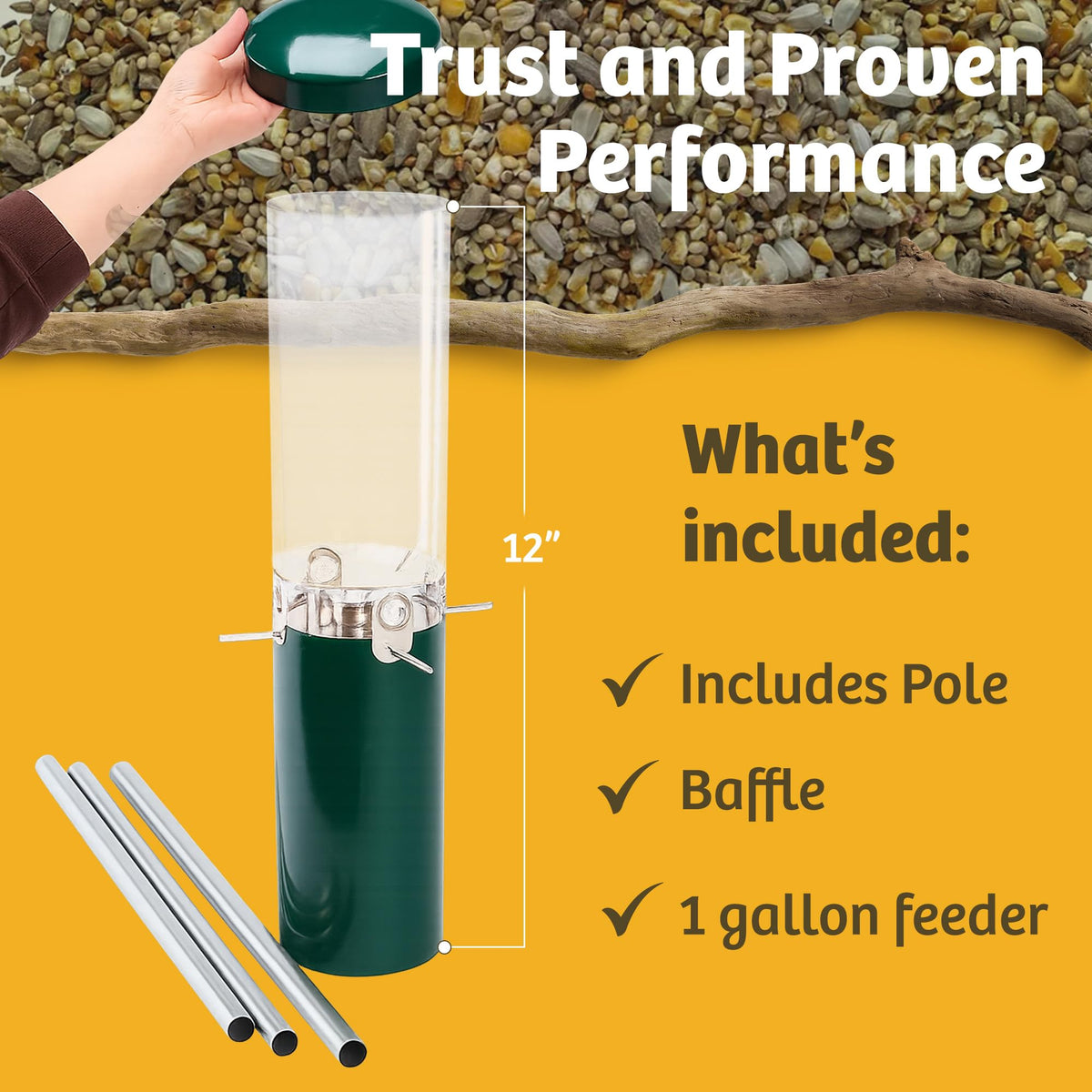 Birds Choice metering ring reduces waste by controlling seed flow.