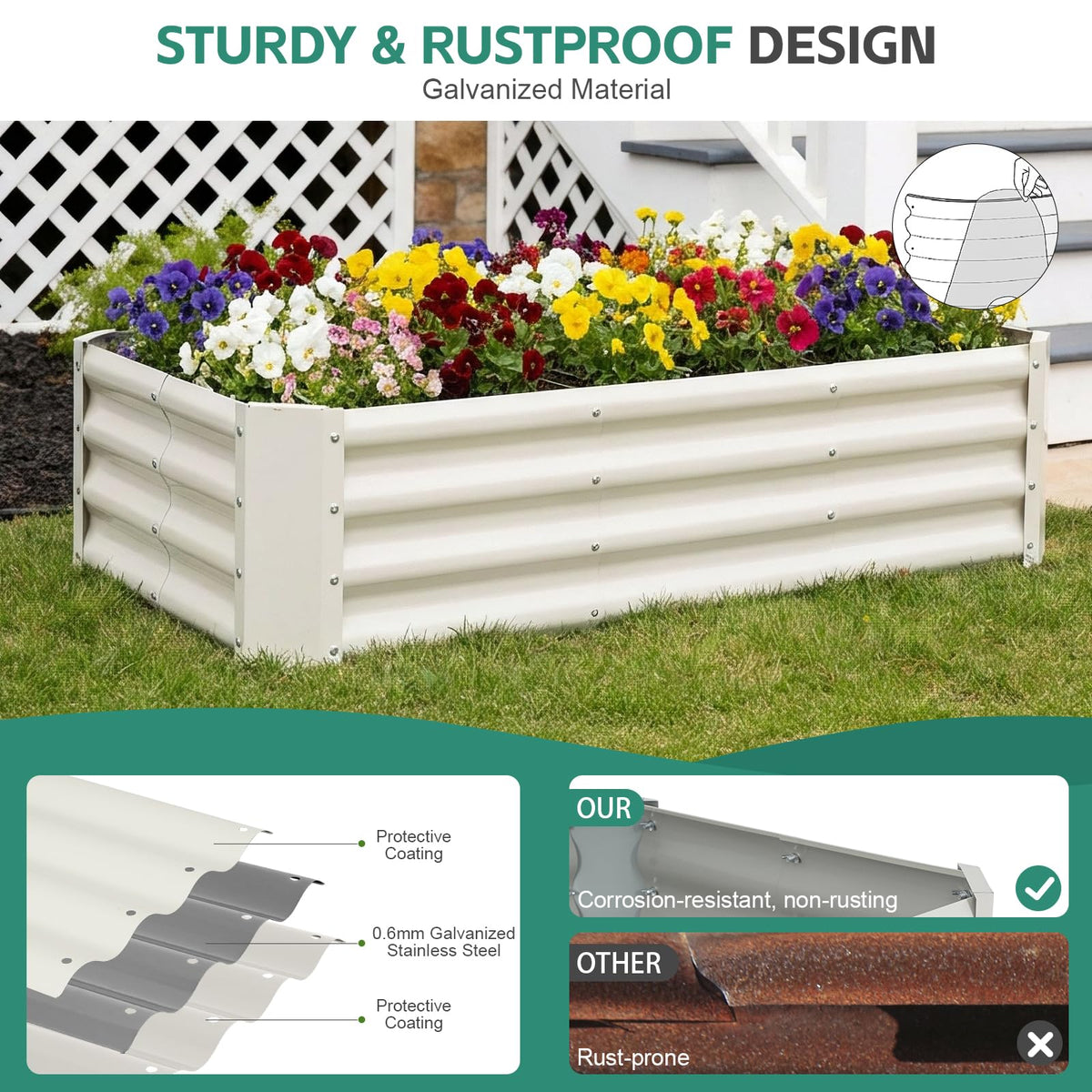 Birdsinyard rust-resistant steel construction withstands sun and rain.