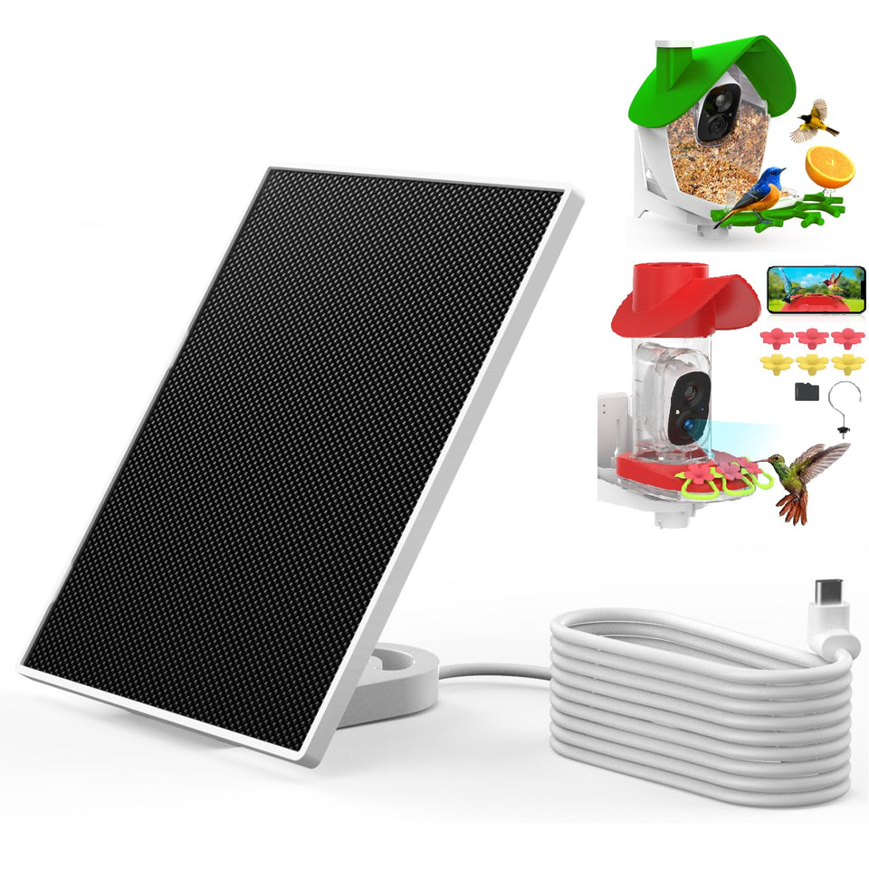 Birdsnap MON solar panel front view powering outdoor camera and feeder.