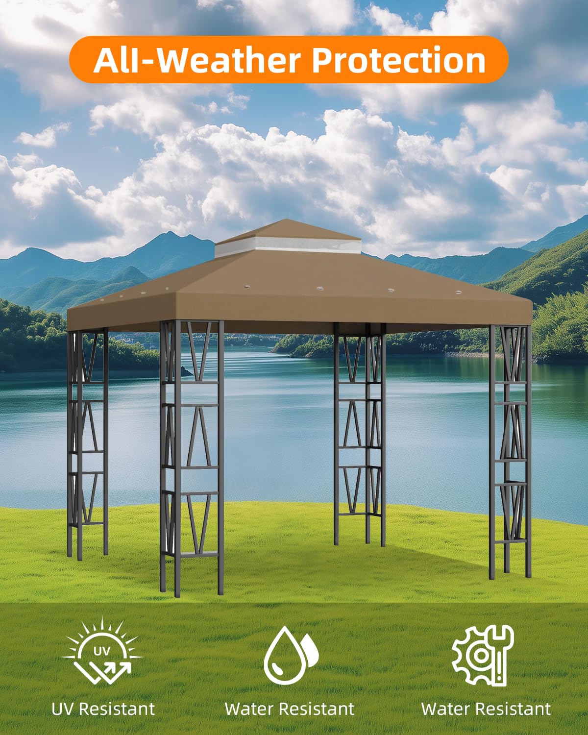 Birodeko gazebo top central mesh vent improves airflow and cooling.