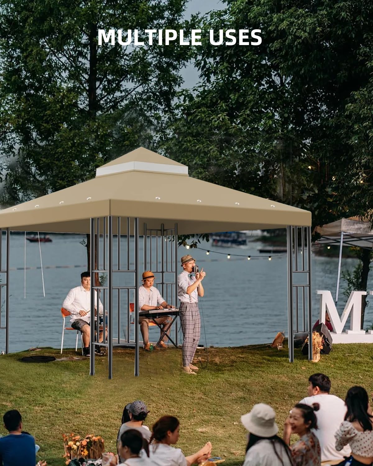 Birodeko khaki canopy offers a clean look for patios and markets.