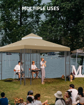 Birodeko khaki canopy offers a clean look for patios and markets.