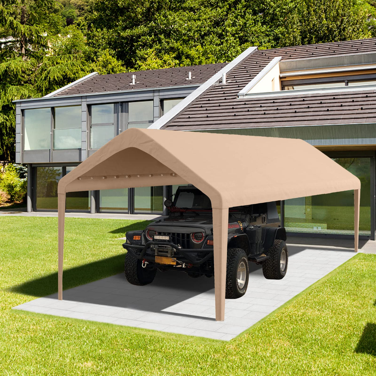 Birodeko light brown canopy complements outdoor space.