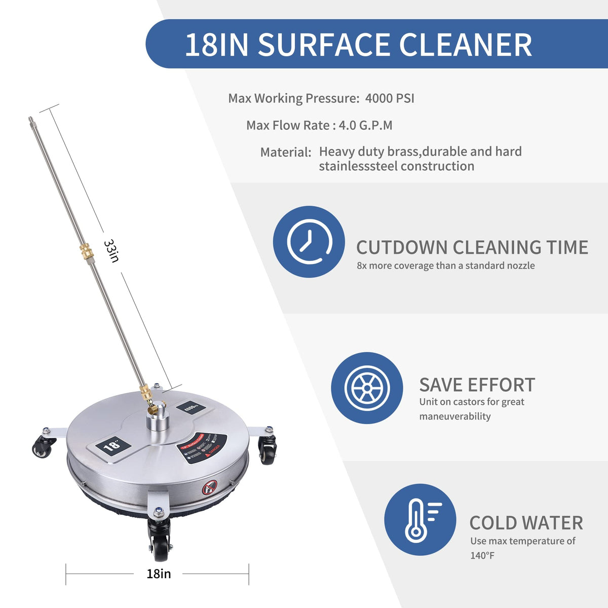 Biswing surface cleaner with four wheels base for easy glide across driveways.