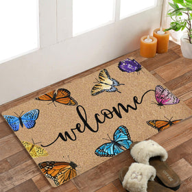 BitKAM welcome mat for front door showing vibrant butterflies for festive entryways