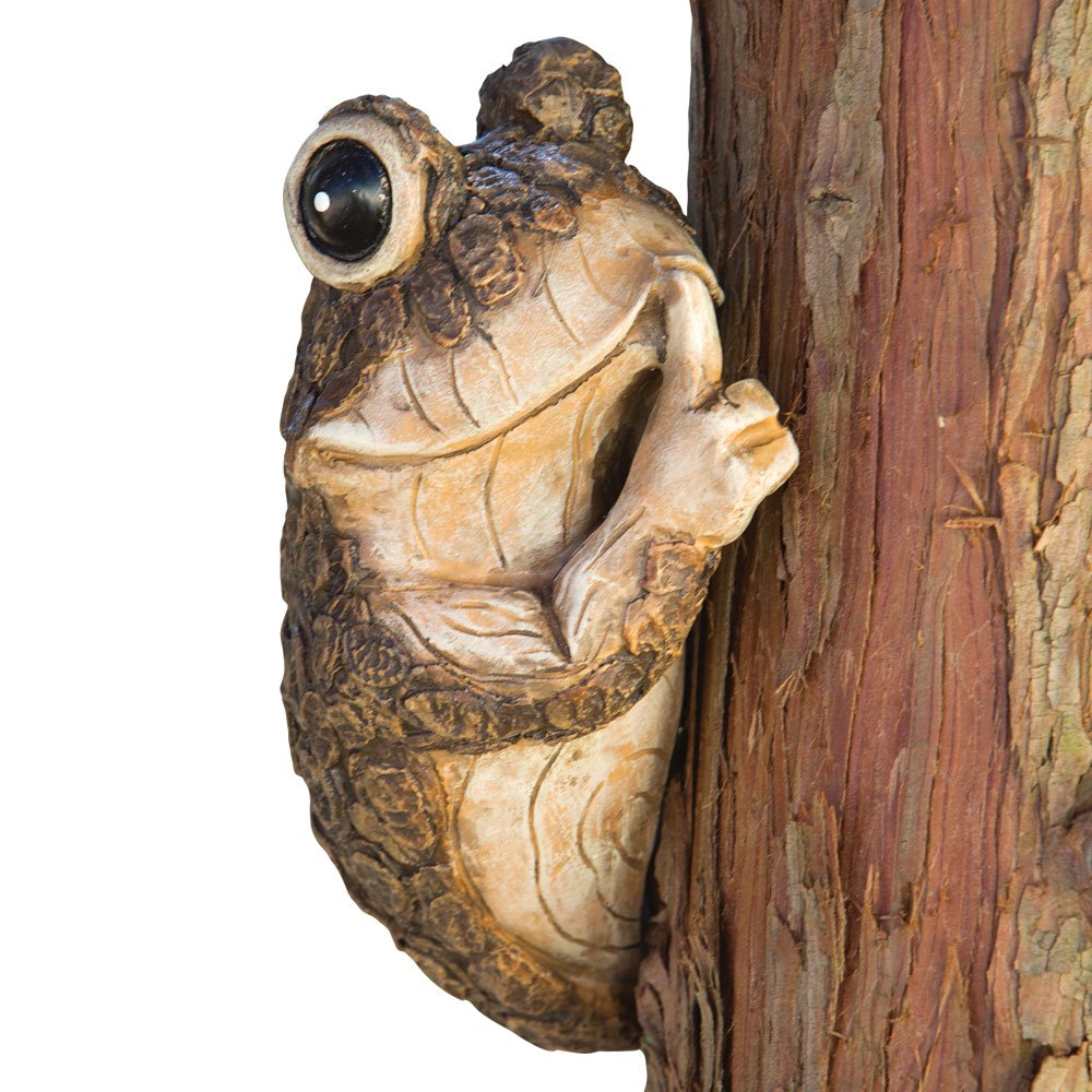 Bits and Pieces Keep Quiet Frog Tree Peeker bark sculpture enhances garden curb appeal.