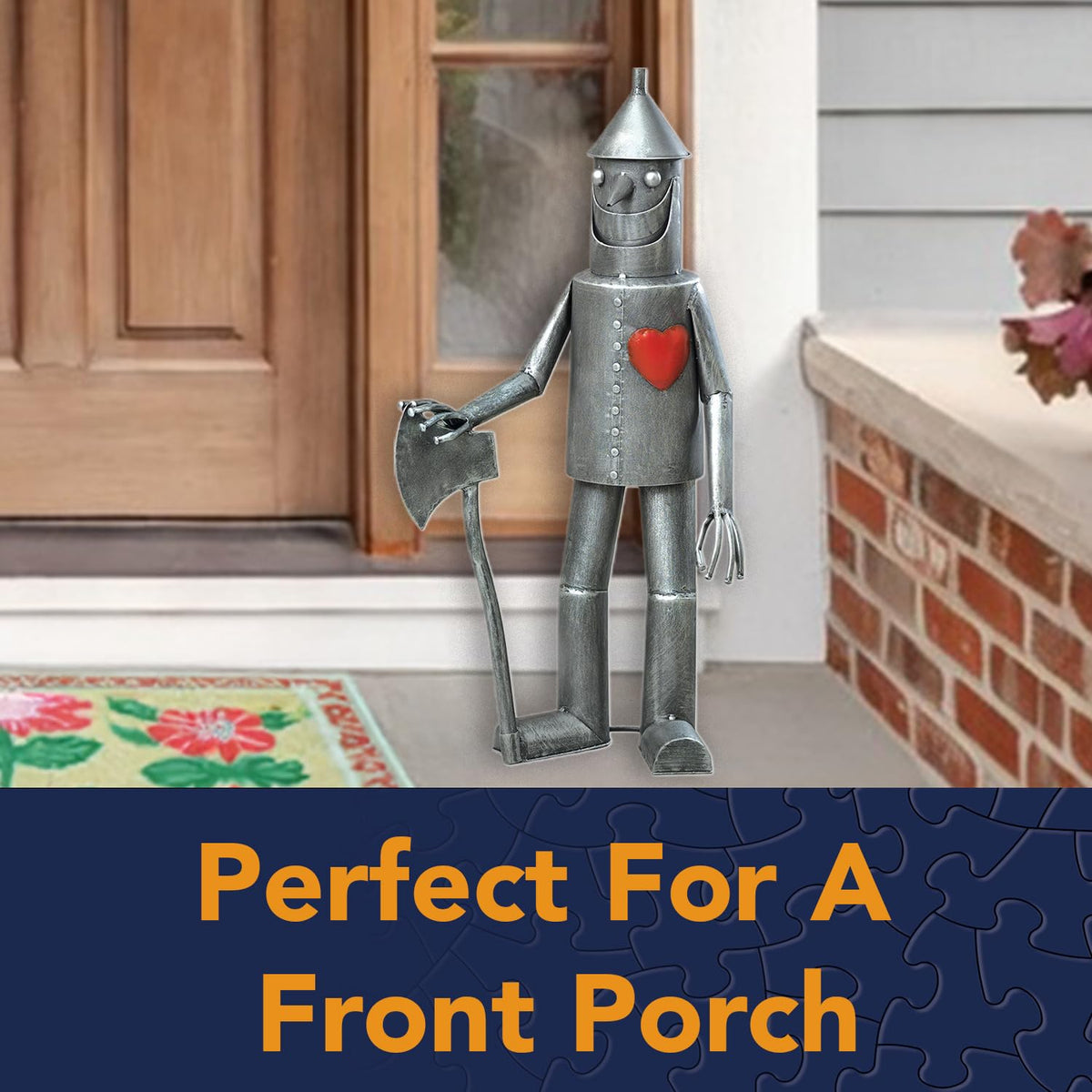 Porch display at dusk featuring Bits and Pieces Tin Woodsman