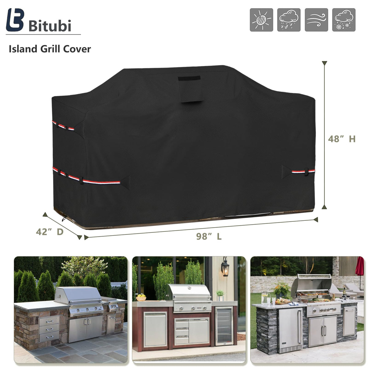 Bitubi 98-inch island grill cover left-side view demonstrates weather-ready fit.